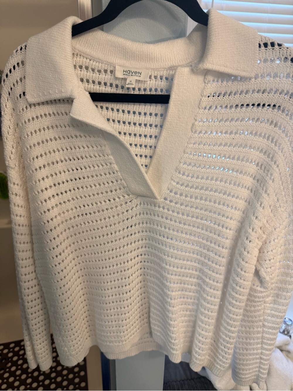 Have Open-Knit White V-Neck Polo Sweater